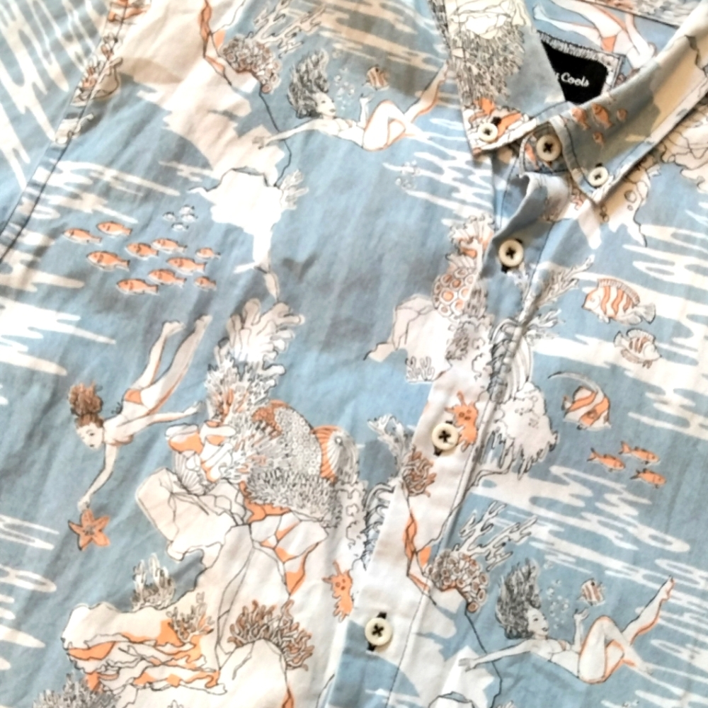 B. Cools bathing suit babes oceanic theme button down shirt M